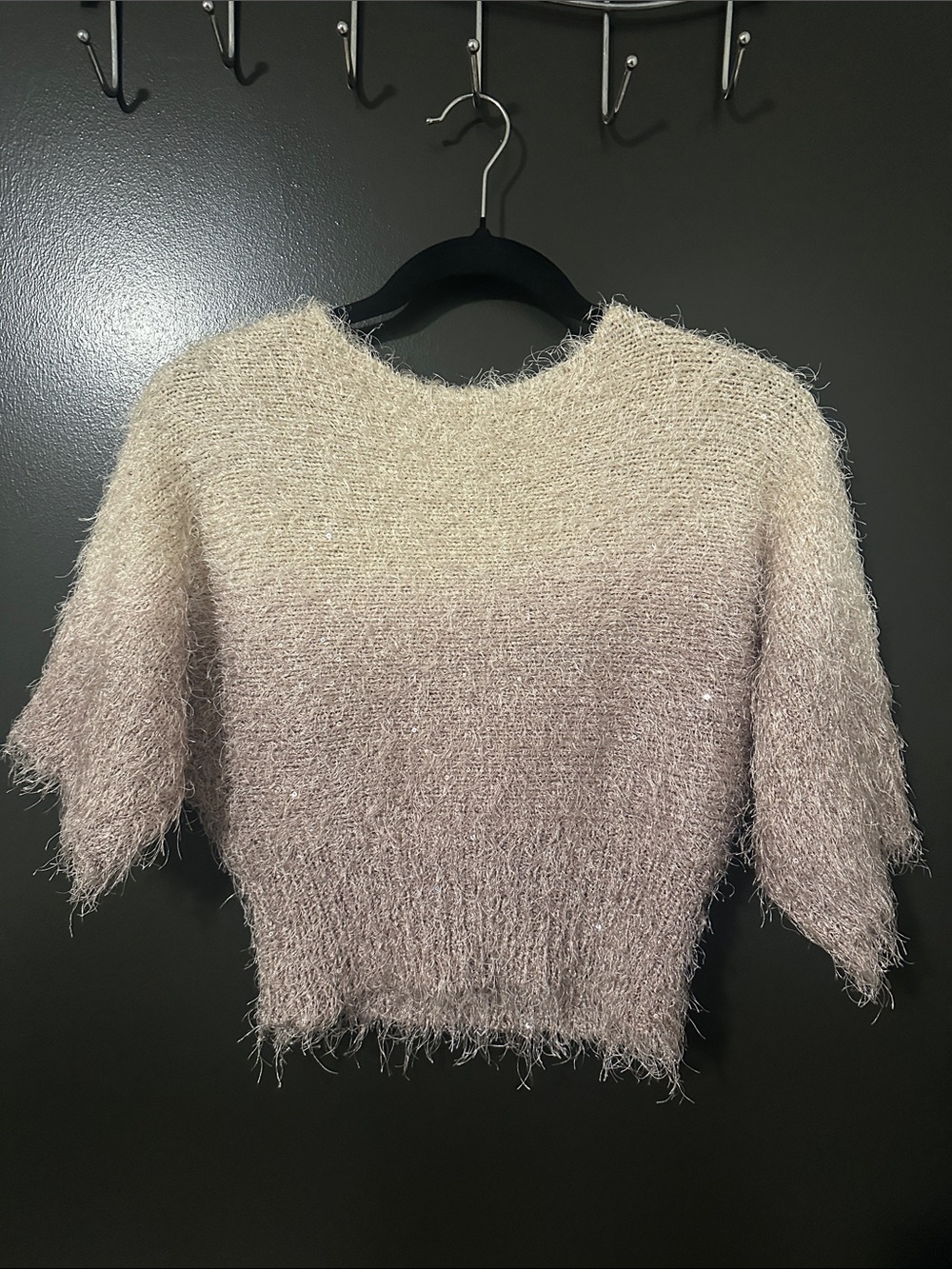 Fuzzy Sequin Ombre Crewneck Cropped Sweater